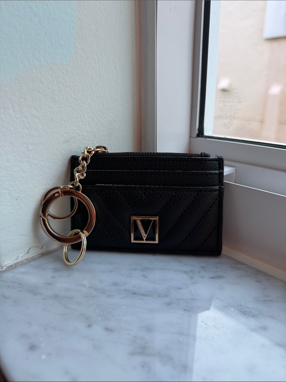 Black Quilted Cardholder Keychain with Gold Logo
